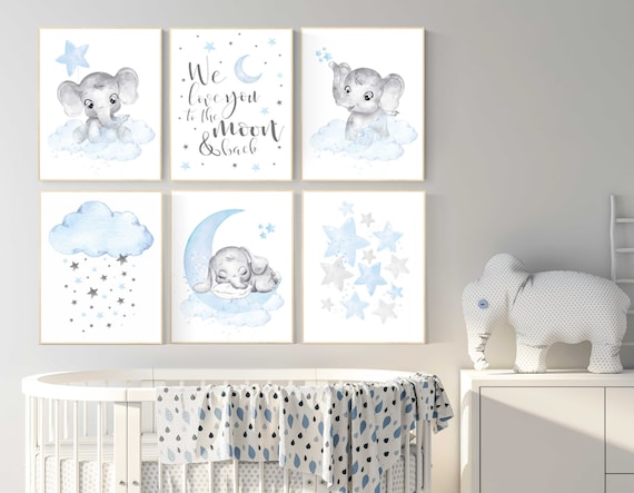 Nursery decor boy elephant, we love you to the moon and back, Blue and gray, moon and stars. nursery wall art boy elephant, baby blue, stars