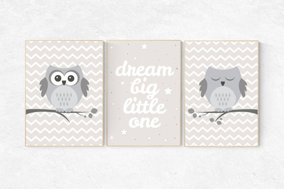 Owl nursery decor, Dream Big Little One, gender neutral nursery, beige and cream, Nursery Decor, Gray Beige gender neutral baby shower