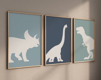 Dinosaur Prints: T-Rex, Triceratops, Brachiosaurus - Boys Nursery Art