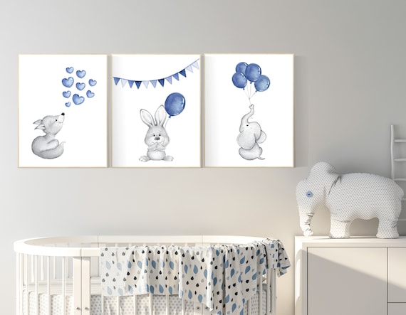 Navy nursery art, navy blue, Nursery decor boy, elephant, bunny, hippo, Baby Animal Nursery Art, Woodland animals, Nursery Prints, baby boy