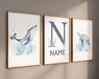 Ocean Nursery Print Set: Watercolor Whale, Turtle, Initial Art