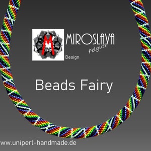 May include: A beaded necklace in a spiral pattern, featuring a vibrant array of colors including red, orange, yellow, green, blue, and purple. The necklace is made of small beads and has the text "Beads Fairy" and "Miroslava Felguth Design".