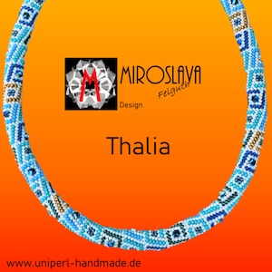 May include: A beaded necklace in shades of blue, white, and gold, with a geometric pattern. The necklace is curved against an orange background. The word "Thalia" is displayed in white text. The brand name "MIROSLAVA" is also visible.