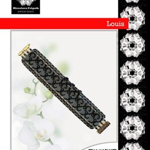 May include: A beaded bracelet with a black and gray pattern, featuring gold-colored clasps. The bracelet is displayed on a white background with a floral accent. The image includes the text "Louis" and "Miroslava Felguth Jewelry Design".