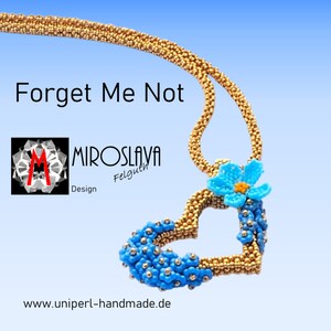 May include: A gold beaded necklace with a heart-shaped pendant. The pendant is adorned with blue beaded flowers and a single blue flower with an orange center. The text "Forget Me Not" is displayed above the necklace.