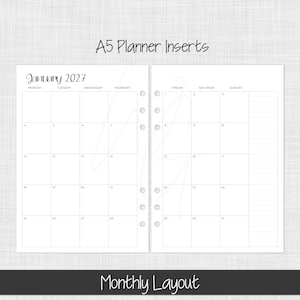 May include: A5 planner inserts featuring a monthly calendar layout for January 2027. The white pages display a grid with days of the week, numbered dates, and a lined column on the right side. Six circular binder holes are visible along the inner edges.