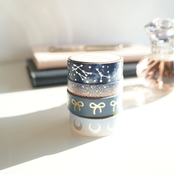 Galaxy Collection - iridescent constellations, moons, rose gold stars, and light gold foil bow washi set