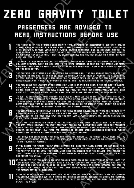 2001 A Space Odyssey Zero G Toilet Instructions Typographic Etsy