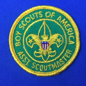 May include: A green and gold embroidered patch with the text "Boy Scouts of America Asst Scoutmaster". The patch features the Boy Scouts of America logo, a stylised fleur-de-lis with a shield containing the American flag.
