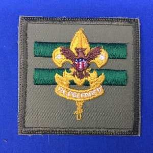 Op de afbeelding: Een groene en gouden scoutingbadge met drie groene strepen en de woorden "Wees voorbereid" in gouden letters.