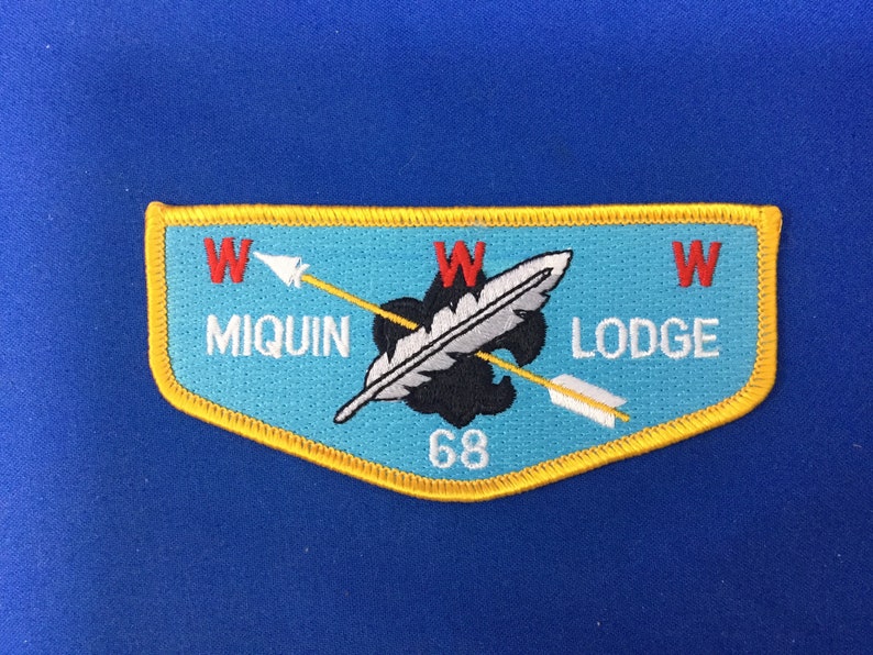 Boy Scout OA Miquin Lodge 68 Order Of The Arrow Pocket Flap Patch Blue Background