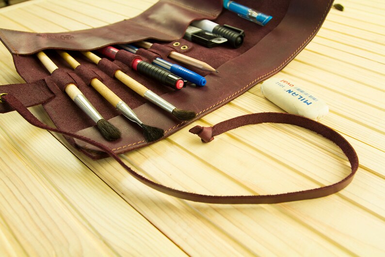 Leather Pencil Case Brush Roll Leather Brush Holder Pen Etsy