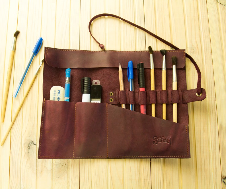 Leather Pencil Case Brush Roll Leather Brush Holder Pen Etsy