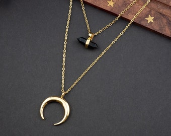 Collana doppia dorata con pendente in ossidiana nera e pendente a forma di luna, collana a forma di luna dorata, raffinata collana a più fili, gioielli fatti a mano