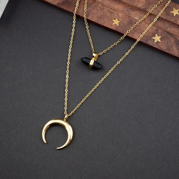 Goldene Doppelkette mit schwarzem Obsidian Anhänger und Mondanhänger, goldene Mondkette, feine mehrreihige Halskette, handgemachter Schmuck