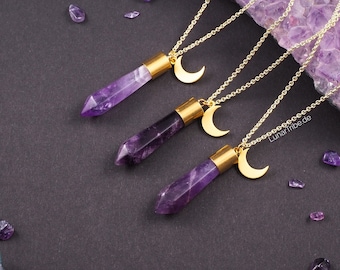 Gold Amethyst Moon Necklace, Amethyst necklace with moon pendant gold, witchy jewelry, crystal necklace gold