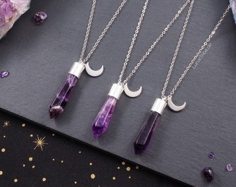 Silberne Amethyst Halskette mit Mond Anhänger, Mond Kette mit Amethyst Spitze Anhänger silber, witchy Schmuck silber