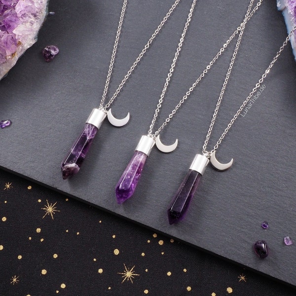 Silberne Amethyst Halskette mit Mond Anhänger, Mond Kette mit Amethyst Spitze Anhänger silber, witchy Schmuck silber