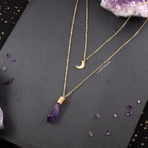 Layering amethyst necklace with moon pendant, layered golden moon necklace, celestial jewelry, golden amethyst necklace