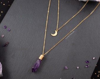 Zarte Halskette mit Amethystanhänger und Halbmond, mehrreihige Kristall Kette in gold oder silber