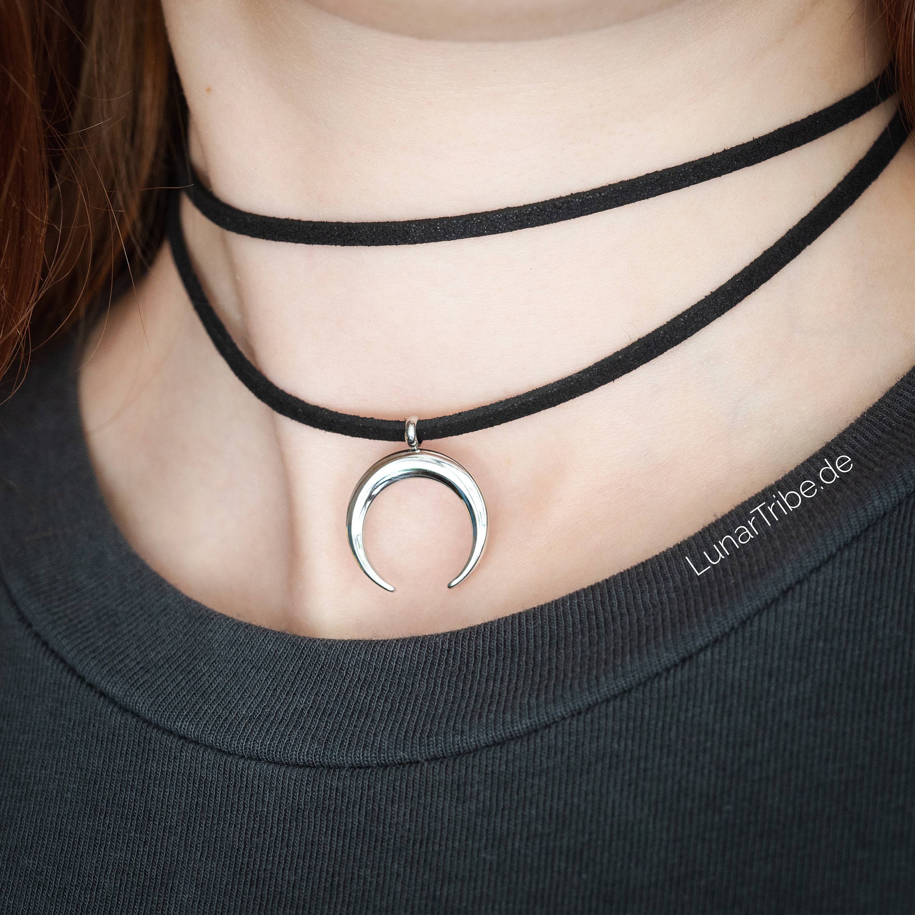 Double Choker Necklace in Black With a Silver Crescent Moon