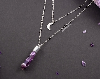 Doppelte Halskette mit Amethyst und Halbmond Anhänger, mehrreihige Schmuckstein Kette, silberne Mond Kette, Amethyst Schmuck