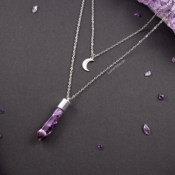 Doppelte Halskette mit Amethyst Spitze und Halbmond Anhänger, mehrreihige Schmuckstein Kette, silberne Mond Kette, Amethyst Schmuck