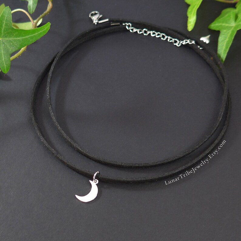 Witchy moon choker necklace, crescent moon necklace, leather choker black, double necklace with moon image 1