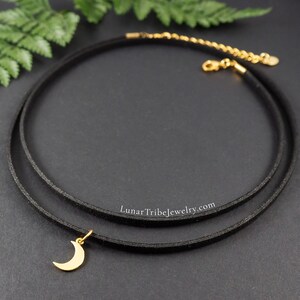 Witchy moon choker necklace, crescent moon necklace, leather choker black, double necklace with moon image 7