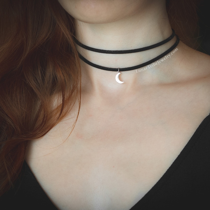 Witchy moon choker necklace, crescent moon necklace, leather choker black, double necklace with moon image 2