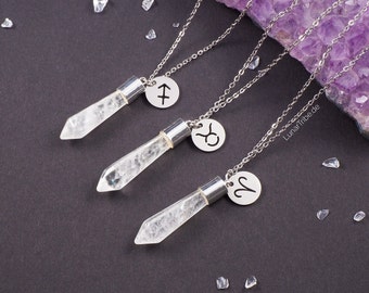 Silver rock crystal necklace with round zodiac pendant, Zodiac sign necklace with rock crystal pendant, personalised zodiac jewelry