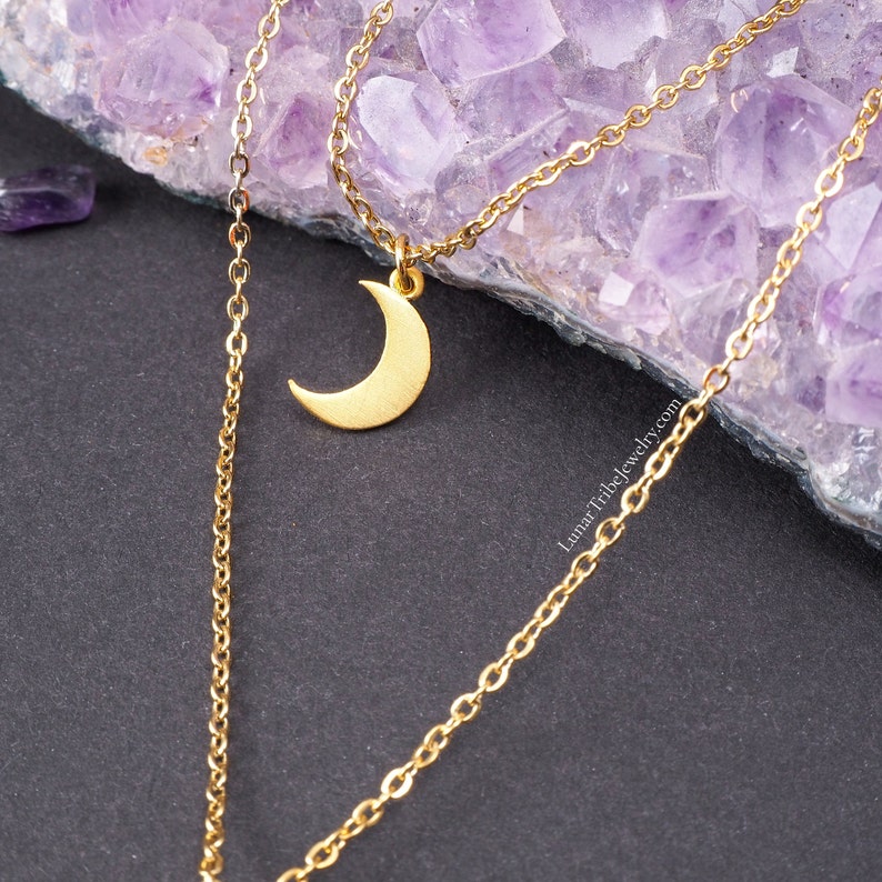 Layering rock crystal necklace with moon pendant, layered gold moon necklace, celestial jewelry, gold rock crystal necklace image 2