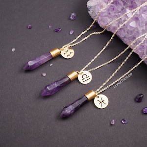 Goldene Halskette mit Amethyst Anhänger und personalisiertem Sternzeichen: Edelstahlkette in verschiedenen Längen mit Geburtsstein Februar