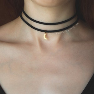 Witchy moon choker necklace, crescent moon necklace, leather choker black, double necklace with moon image 3