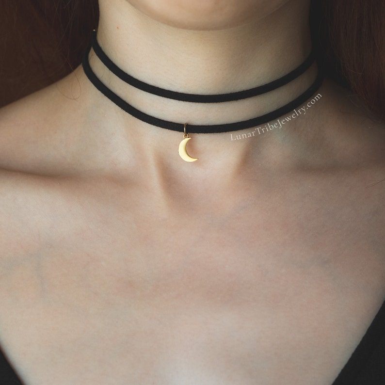 Witchy moon choker necklace, crescent moon necklace, leather choker black, double necklace with moon image 3