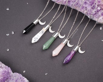 Amethyst necklace with moon pendant, silver moon necklace with rose quartz pendant, Rock Crystal Necklace, Obsidian Necklace