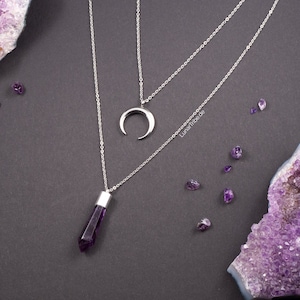 Multi-row amethyst necklace with silver crescent moon pendant: two-row, long necklace made of stainless steel with a natural amethyst pendant