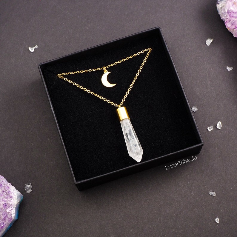 Layering rock crystal necklace with moon pendant, layered gold moon necklace, celestial jewelry, gold rock crystal necklace image 7
