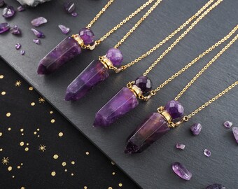 Amethyst perfume vial necklace, perfume bottle necklace, gold necklace with amethyst flask, gemstone potion necklace, amethyst scent vial