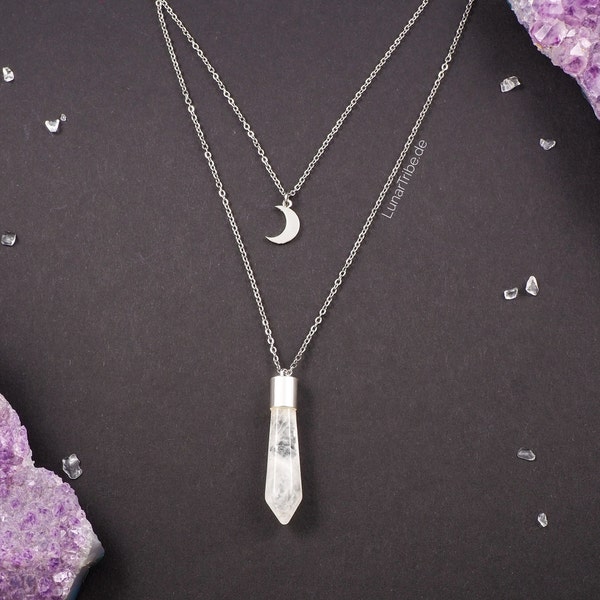 Layering rock crystal necklace with moon pendant, layered silver moon necklace, celestial jewelry, silver rock crystal necklace