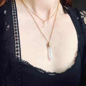 Layering rock crystal necklace with moon pendant, layered gold moon necklace, celestial jewelry, gold rock crystal necklace image 6