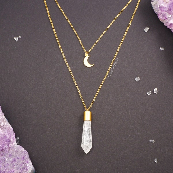 Layering rock crystal necklace with moon pendant, layered gold moon necklace, celestial jewelry, gold rock crystal necklace