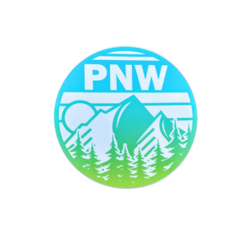 May include: A round sticker with a blue to green gradient. The sticker features a white mountain range with a sun and the text "PNW" in white.