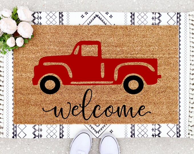 Red Truck Doormat Mat Vintage Truck Valentines Etsy