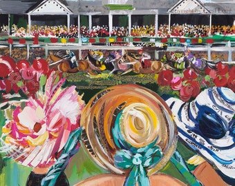 May include: A painting of three women wearing colorful hats at the Kentucky Derby. The women are facing away from the viewer and are looking at the race track in the background. The painting is done in a bright, colorful style.