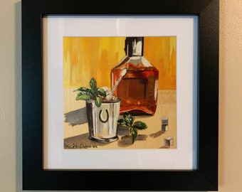 May include: A framed painting of a still life featuring a glass of mint julep, a bottle of bourbon, and sugar cubes on a wooden surface. The background is a yellow-orange color.