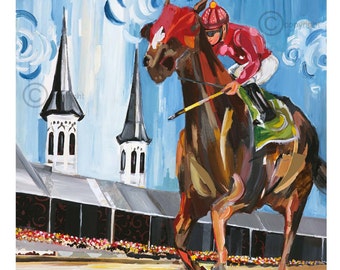 May include: A painting of a brown horse with a jockey in a red and green uniform racing at the Kentucky Derby. The horse is in the foreground and the finish line is in the background. The painting is done in a colorful, abstract style.