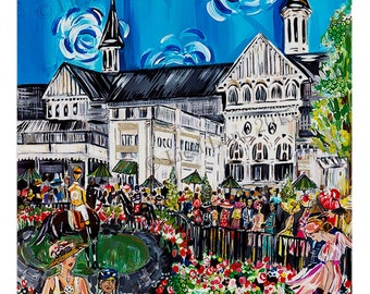 May include: A colorful painting of a white building with a steeple, surrounded by people and flowers. The building is set against a blue sky with white clouds. The painting is titled "Liesl Haag 2015".