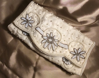 Beaded clutch, vintage purse, 1920's Art Deco white beaded clutch satin beaded white clutch with rhinestones.