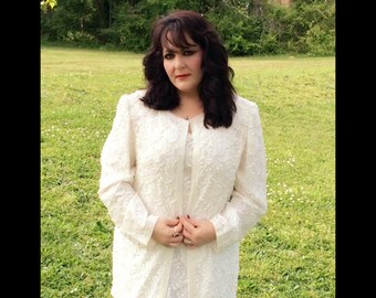 White beaded dress , formal fully beaded dress, sleeveless dress, size 14, vintage beaded dress with long sleeve beaded jacket.